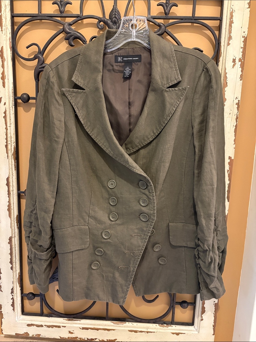 INC International Concepts Olive Double-Breasted Ruched-Sleeve Blazer